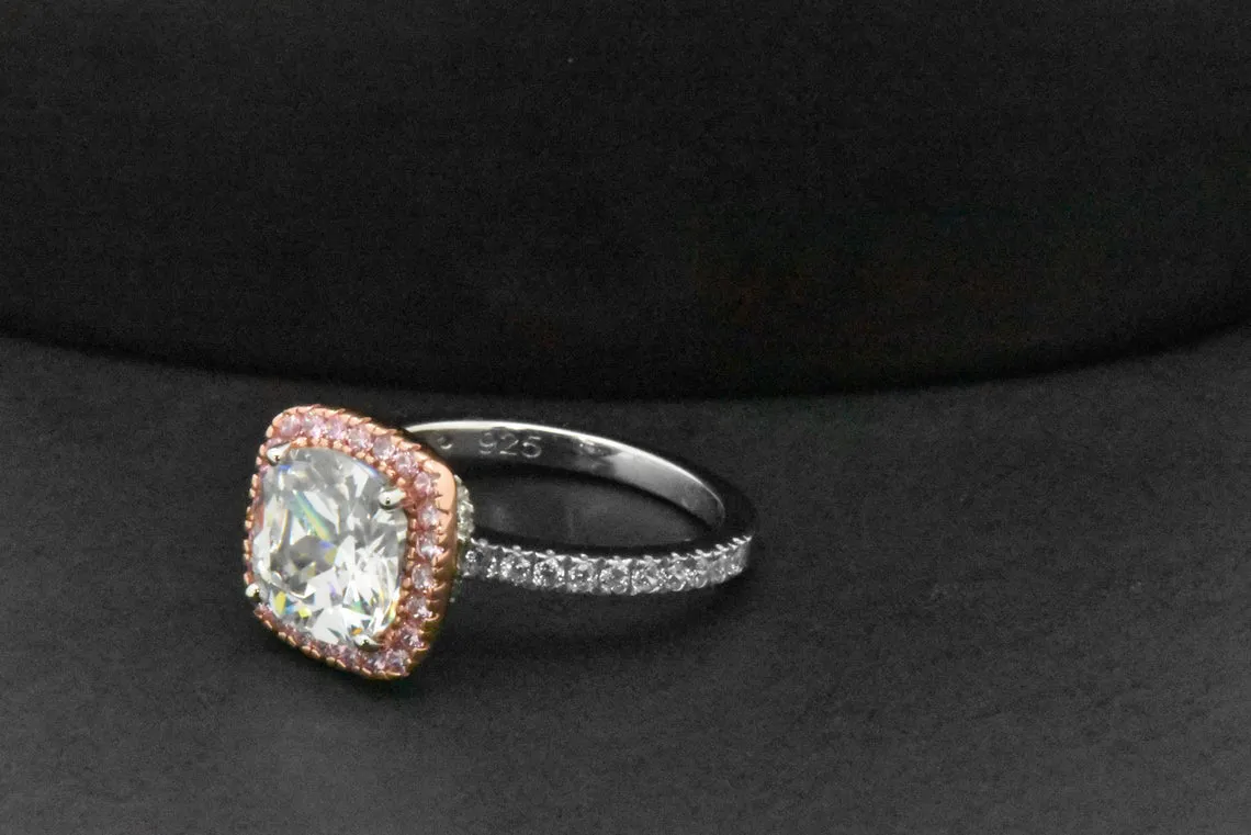 Sterling Silver Cushion Cut Pink Gold Cocktail Simulated Diamond Halo Ring