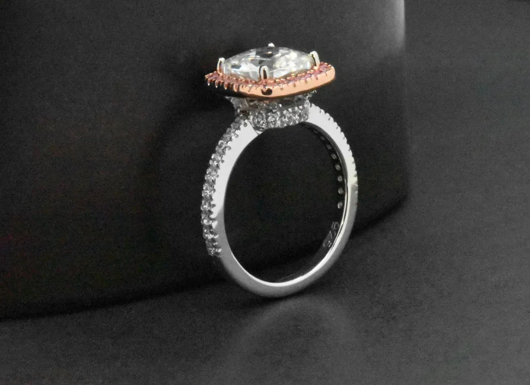 Sterling Silver Cushion Cut Pink Gold Cocktail Simulated Diamond Halo Ring