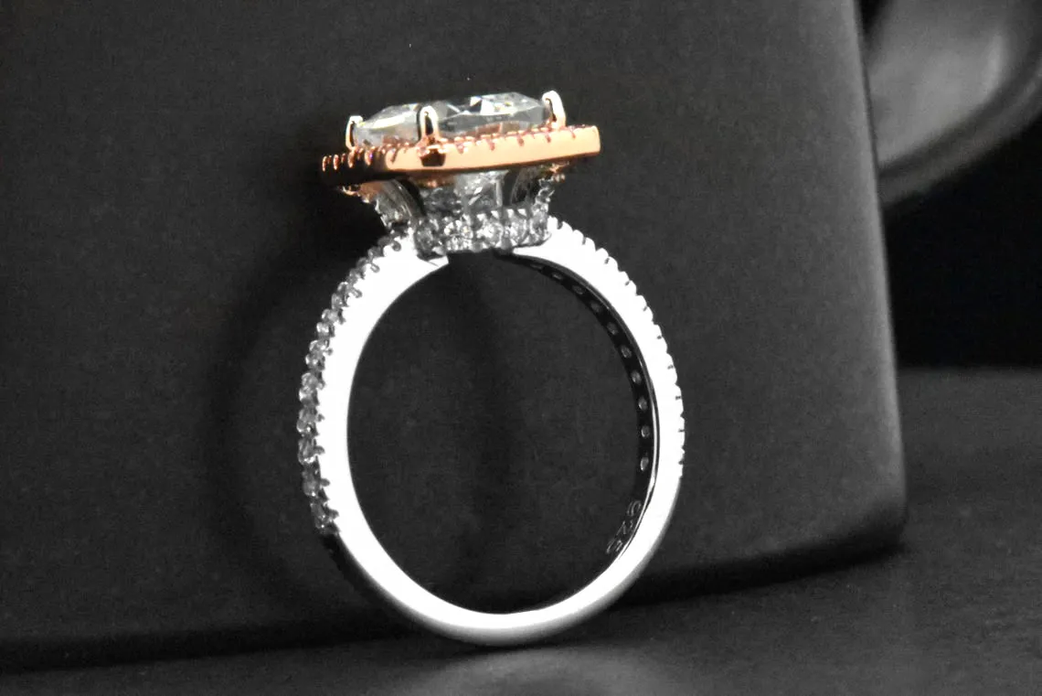 Sterling Silver Cushion Cut Pink Gold Cocktail Simulated Diamond Halo Ring