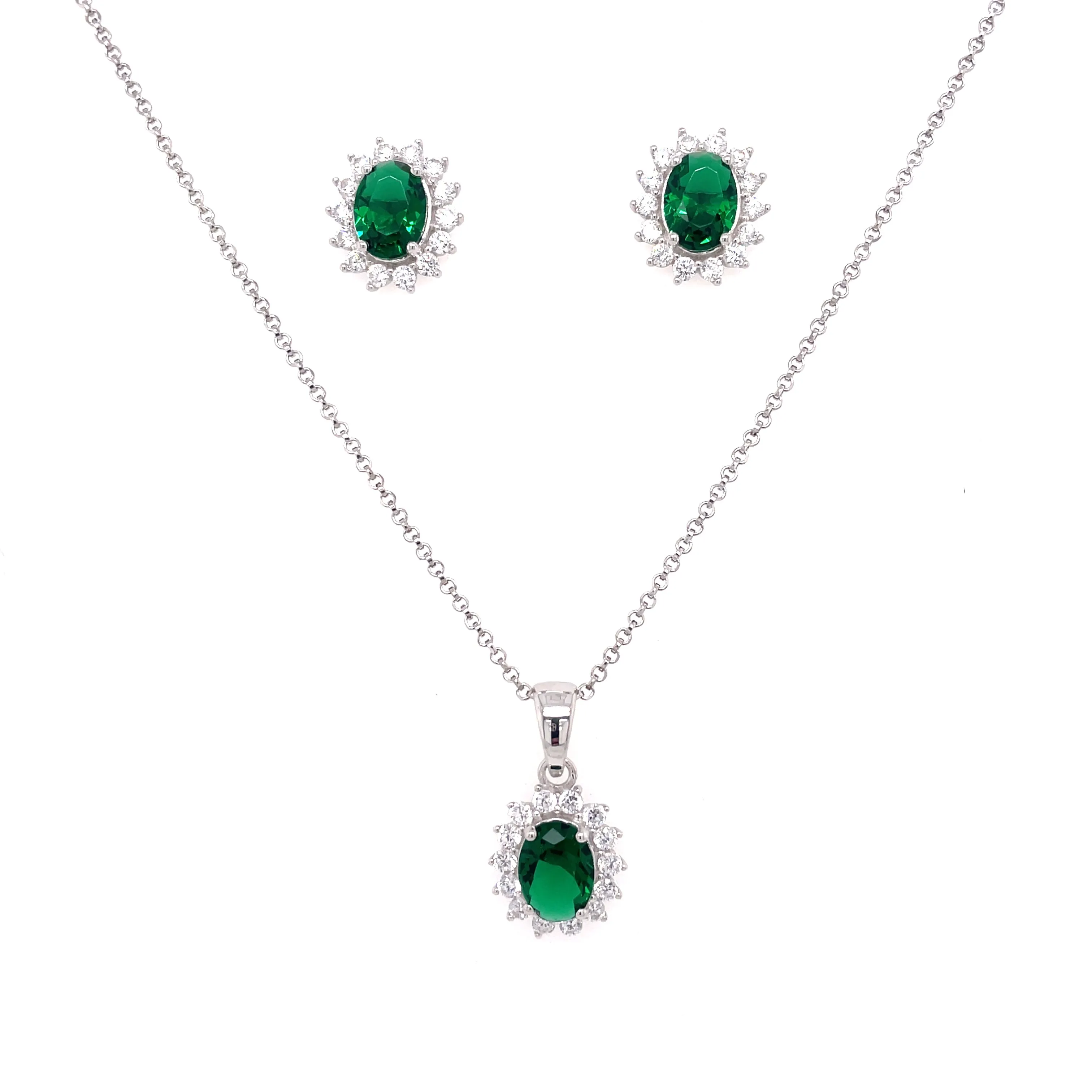 Sterling Silver Emerald Oval & CZ Halo Earring & Necklace Set