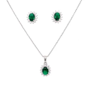 Sterling Silver Emerald Oval & CZ Halo Earring & Necklace Set