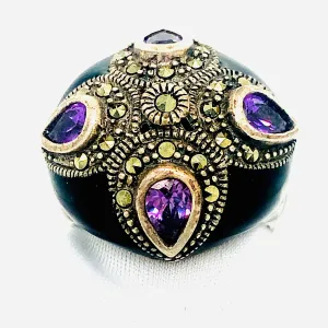 Sterling Silver Enamel and Marcasite Ring with Amythest
