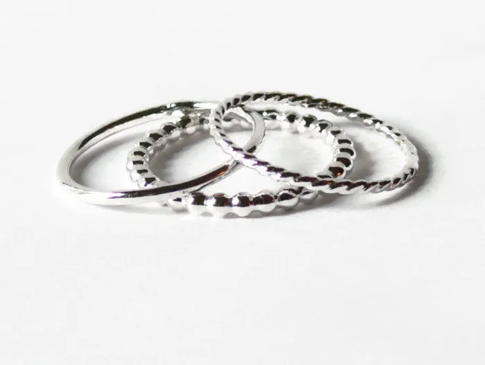 Sterling silver stacking rings • 3 plain, beaded, and twist stackable rings