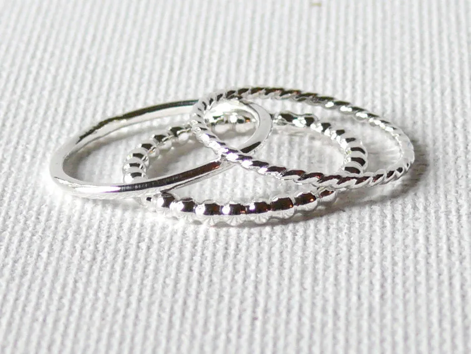 Sterling silver stacking rings • 3 plain, beaded, and twist stackable rings
