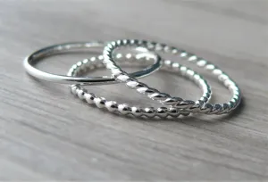 Sterling silver stacking rings • 3 plain, beaded, and twist stackable rings