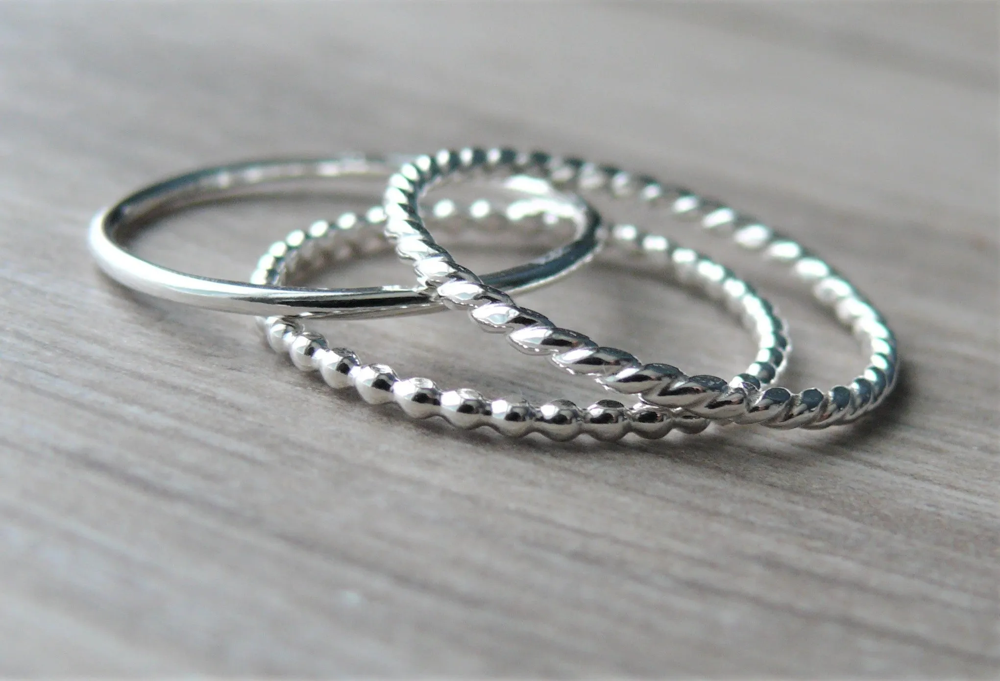 Sterling silver stacking rings • 3 plain, beaded, and twist stackable rings