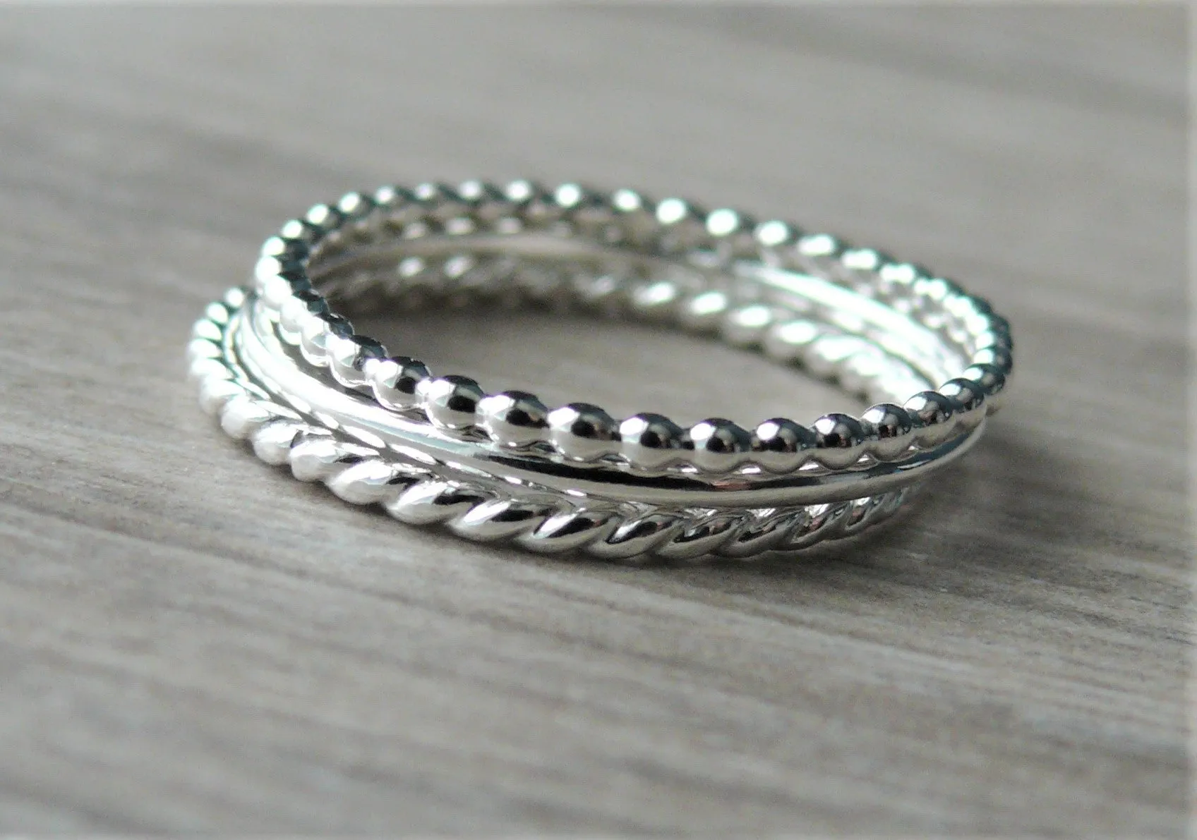 Sterling silver stacking rings • 3 plain, beaded, and twist stackable rings