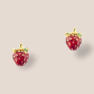 Strawberry Earrings by Bill Skinner Red Enamel Gold Fruits