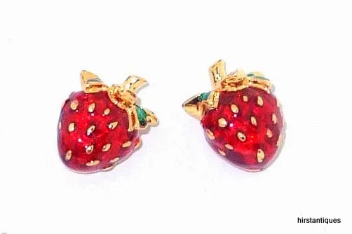 Strawberry Earrings by Bill Skinner Red Enamel Gold Fruits
