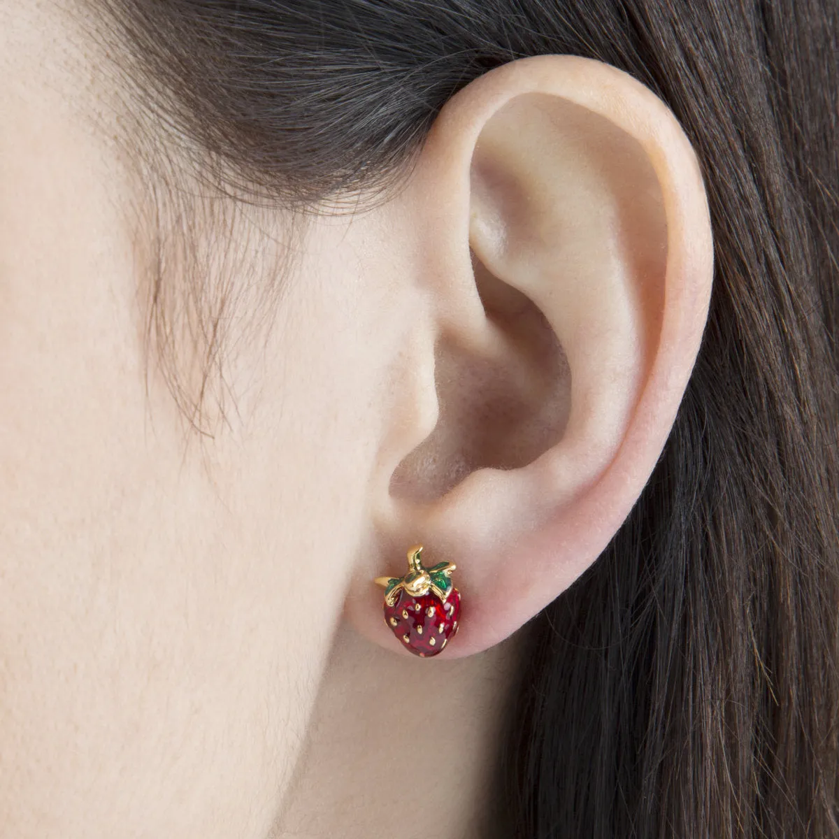 Strawberry Earrings by Bill Skinner Red Enamel Gold Fruits