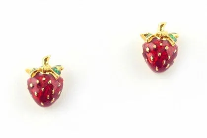Strawberry Earrings by Bill Skinner Red Enamel Gold Fruits