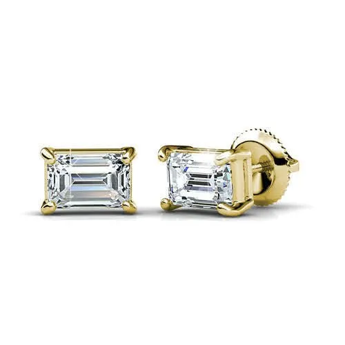 Stunning 1.00CT Emerald Cut Diamond Stud Earrings in 14KT Yellow Gold