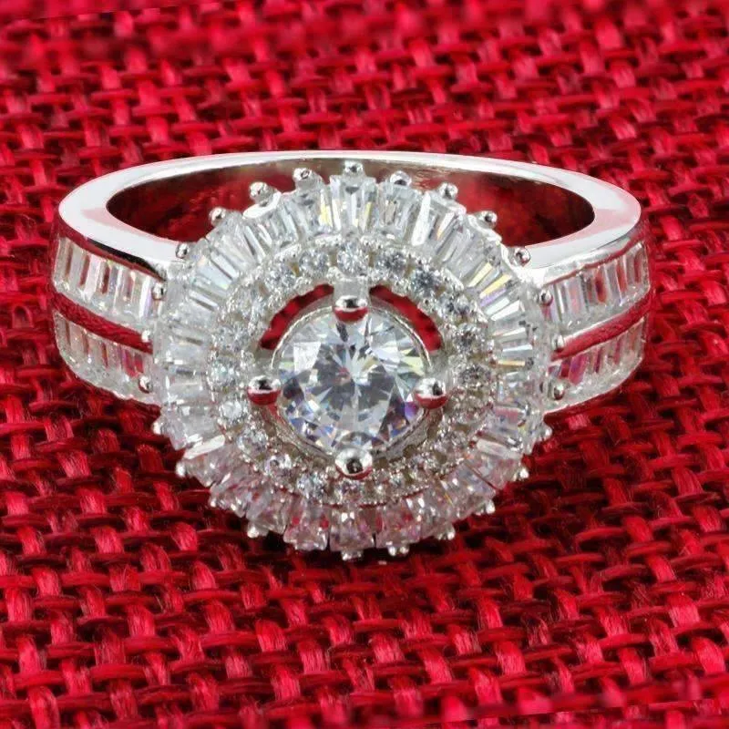 Sunburst Baguette Cubic Zirconia Halo Sterling Silver Cocktail Ring