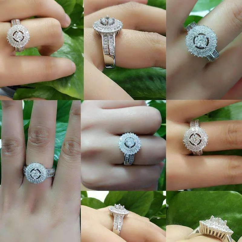 Sunburst Baguette Cubic Zirconia Halo Sterling Silver Cocktail Ring
