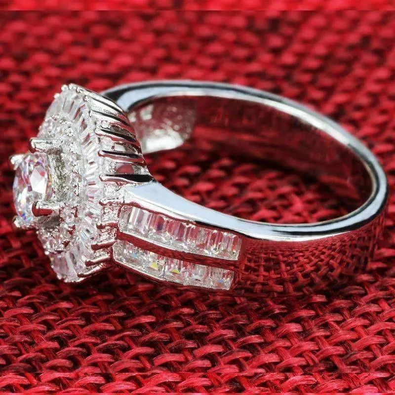 Sunburst Baguette Cubic Zirconia Halo Sterling Silver Cocktail Ring