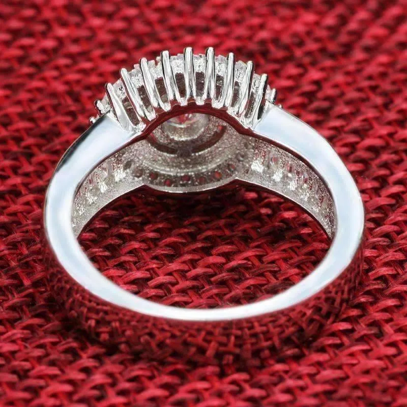 Sunburst Baguette Cubic Zirconia Halo Sterling Silver Cocktail Ring