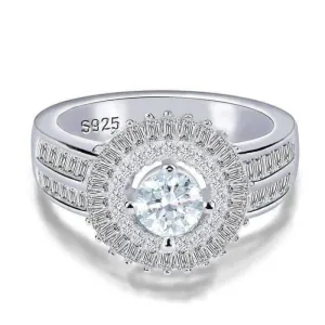 Sunburst Baguette Cubic Zirconia Halo Sterling Silver Cocktail Ring