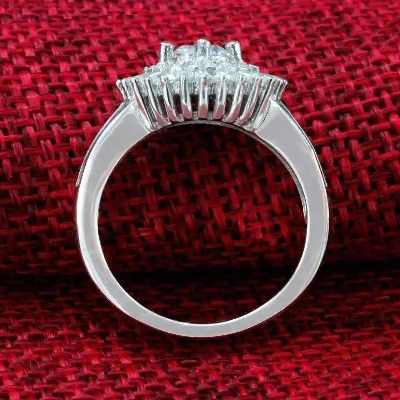 Sunburst Baguette Cubic Zirconia Halo Sterling Silver Cocktail Ring