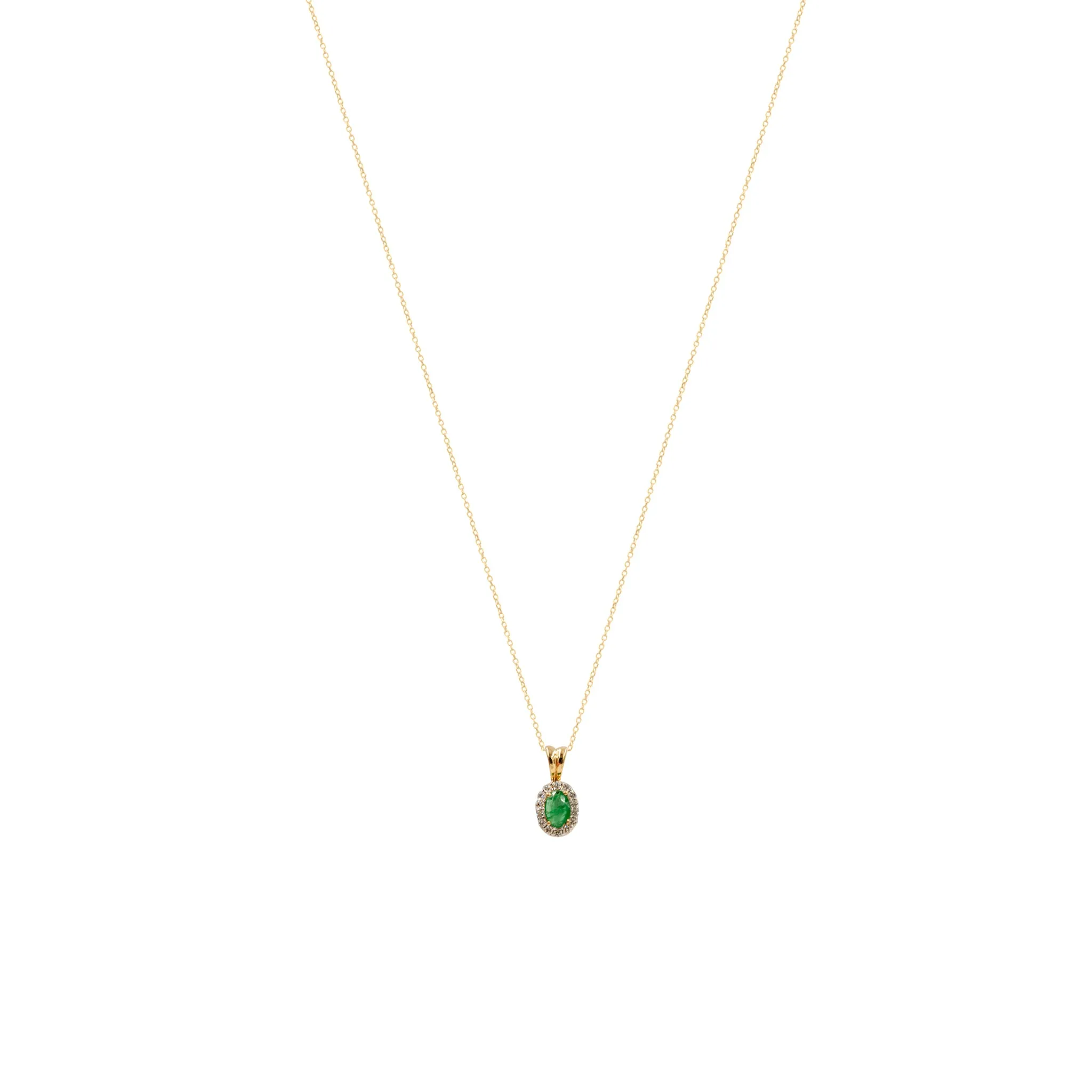 Susanna, Diamond Halo Emerald Necklace 14k Gold
