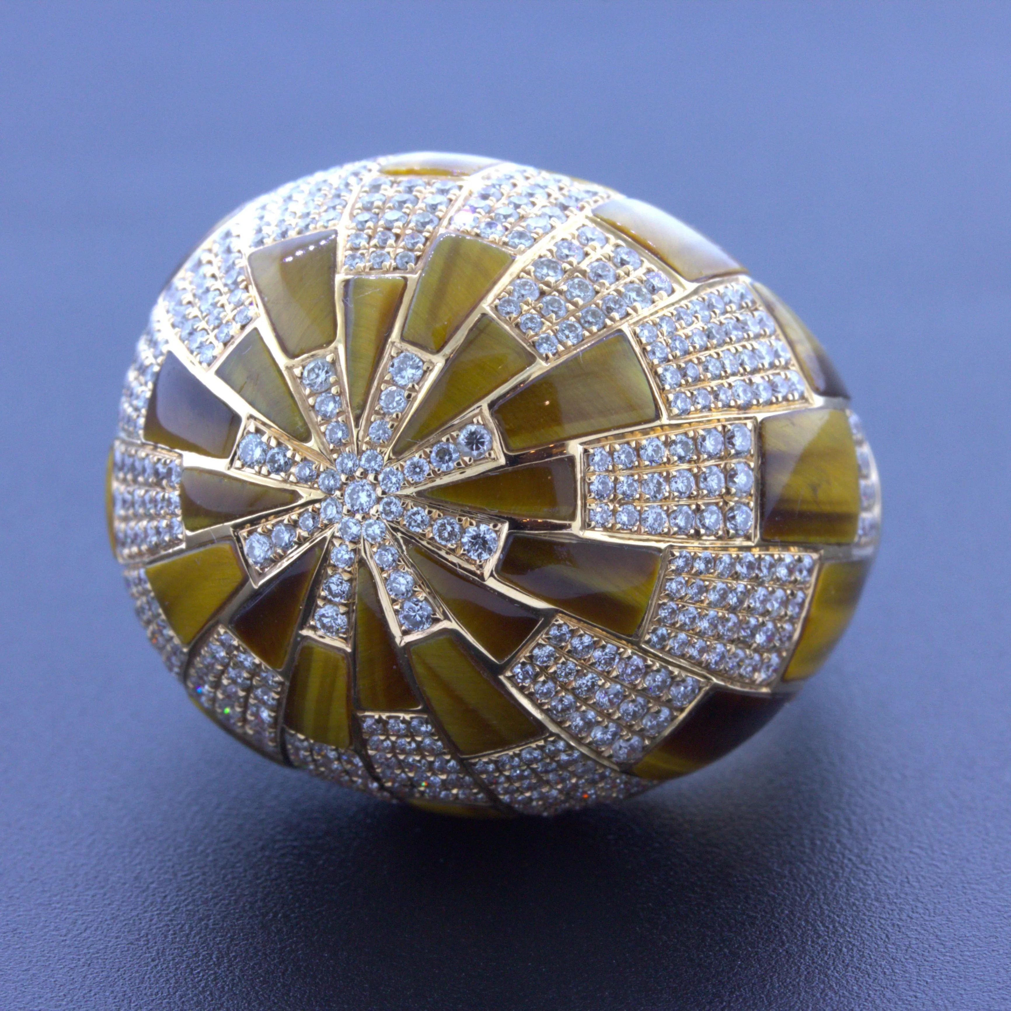 Tigers Eye Diamond Gold Dome Cocktail Ring