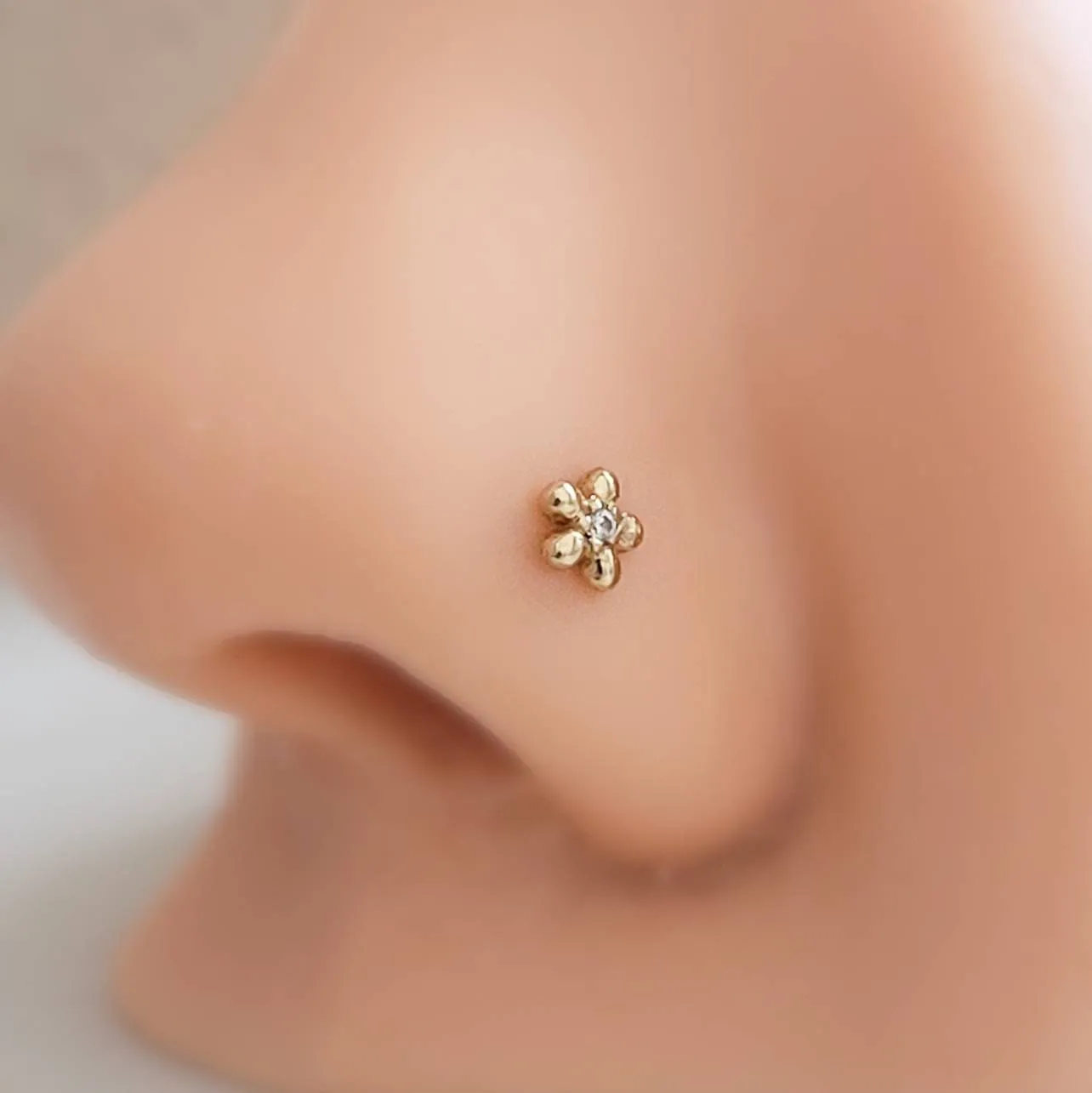 Tiny 14K Gold Flower Nose Stud With Tiny Diamond CZ Accent