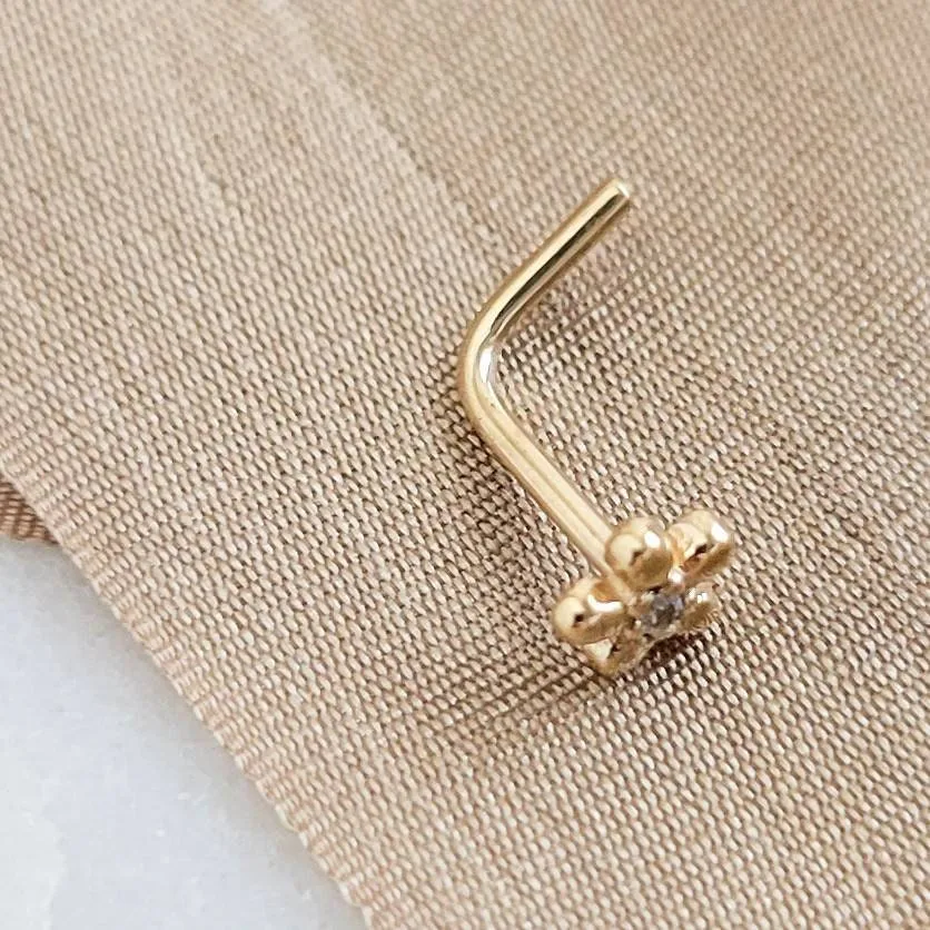 Tiny 14K Gold Flower Nose Stud With Tiny Diamond CZ Accent