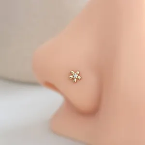 Tiny 14K Gold Flower Nose Stud With Tiny Diamond CZ Accent