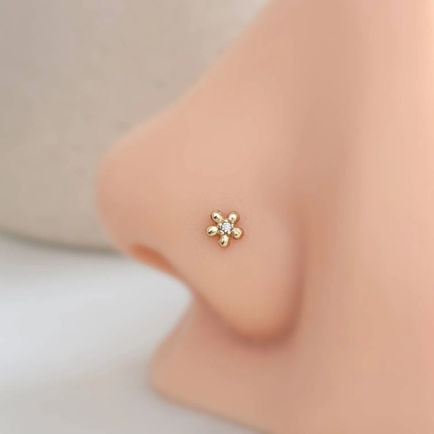 Tiny 14K Gold Flower Nose Stud With Tiny Diamond CZ Accent