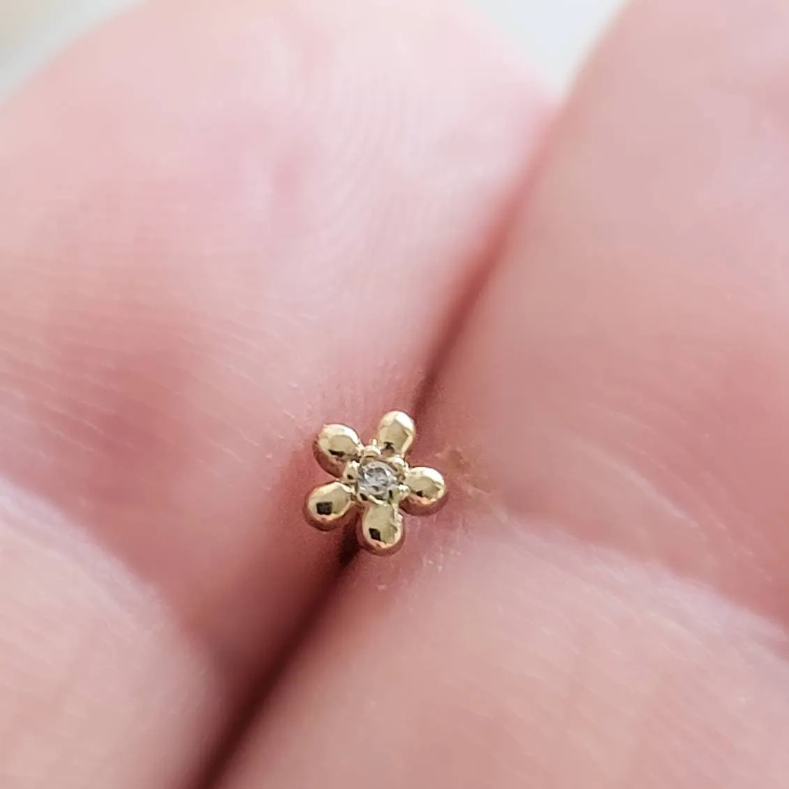 Tiny 14K Gold Flower Nose Stud With Tiny Diamond CZ Accent
