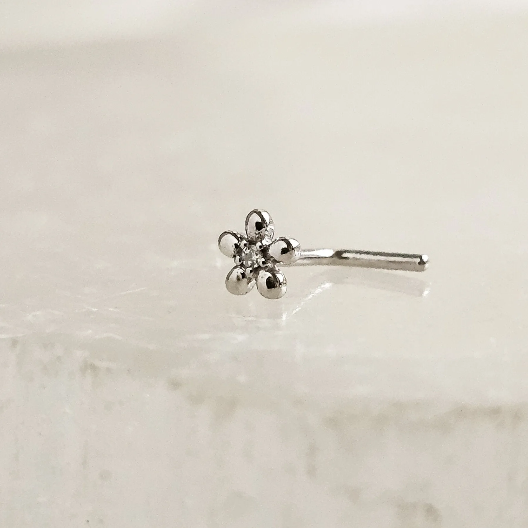 Tiny 14K Gold Flower Nose Stud With Tiny Diamond CZ Accent