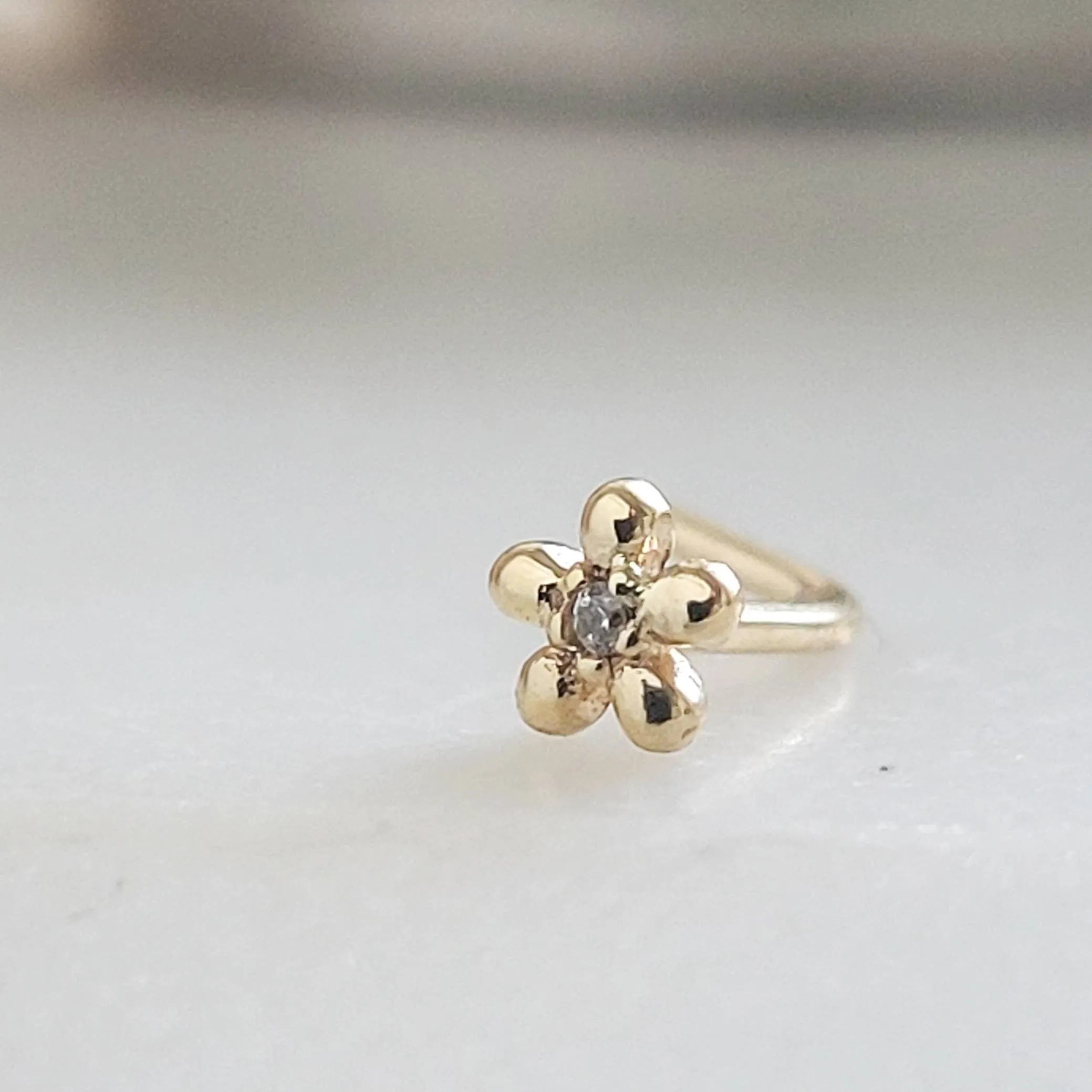 Tiny 14K Gold Flower Nose Stud With Tiny Diamond CZ Accent