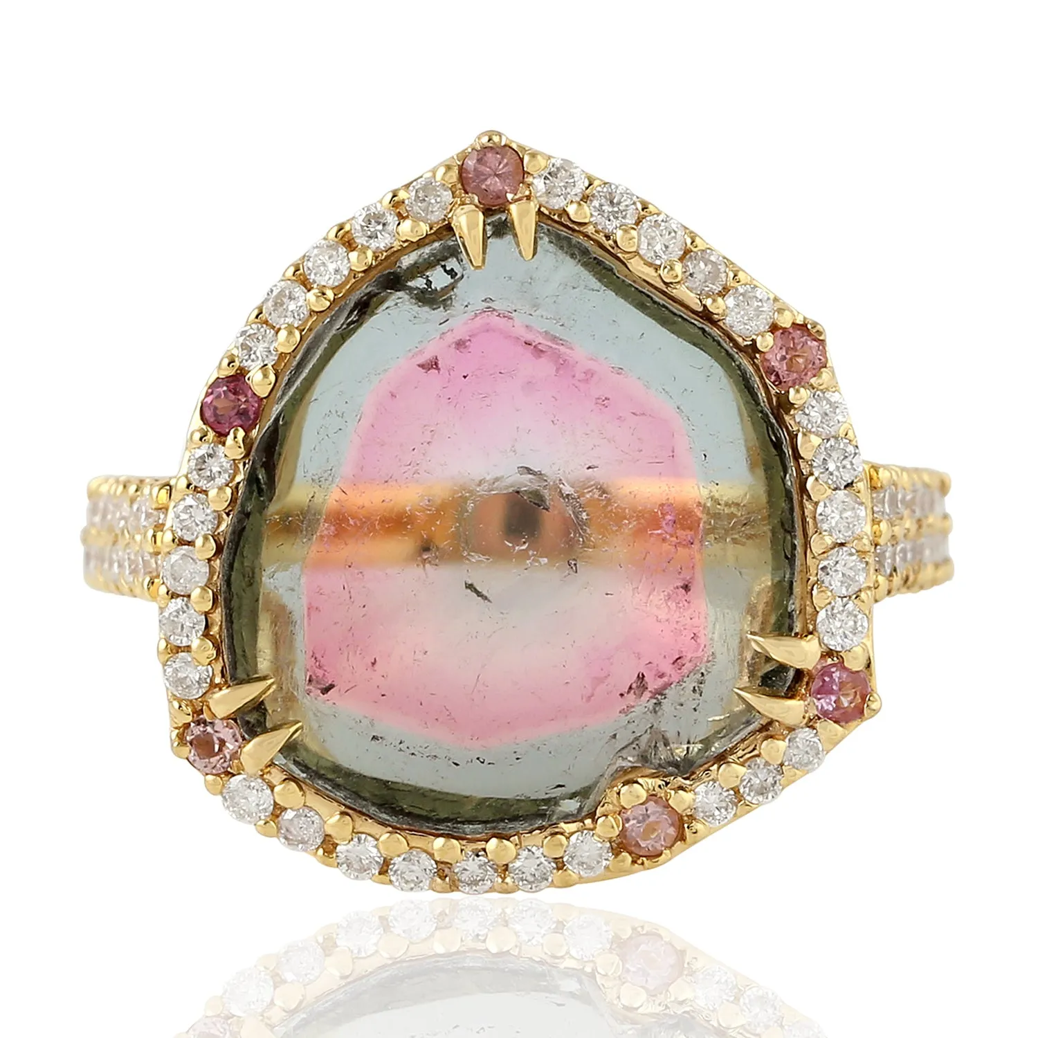 Tourmaline Melon Natural Diamond Beautiful Cocktail Ring in 18k Yellow Gold handmade Ring For Her