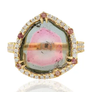 Tourmaline Melon Natural Diamond Beautiful Cocktail Ring in 18k Yellow Gold handmade Ring For Her