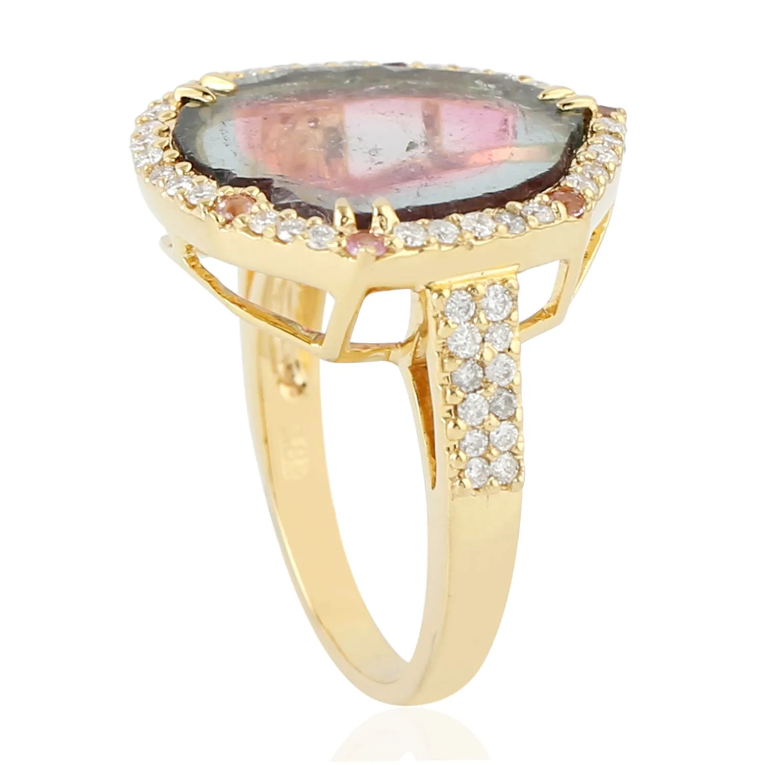 Tourmaline Melon Natural Diamond Beautiful Cocktail Ring in 18k Yellow Gold handmade Ring For Her