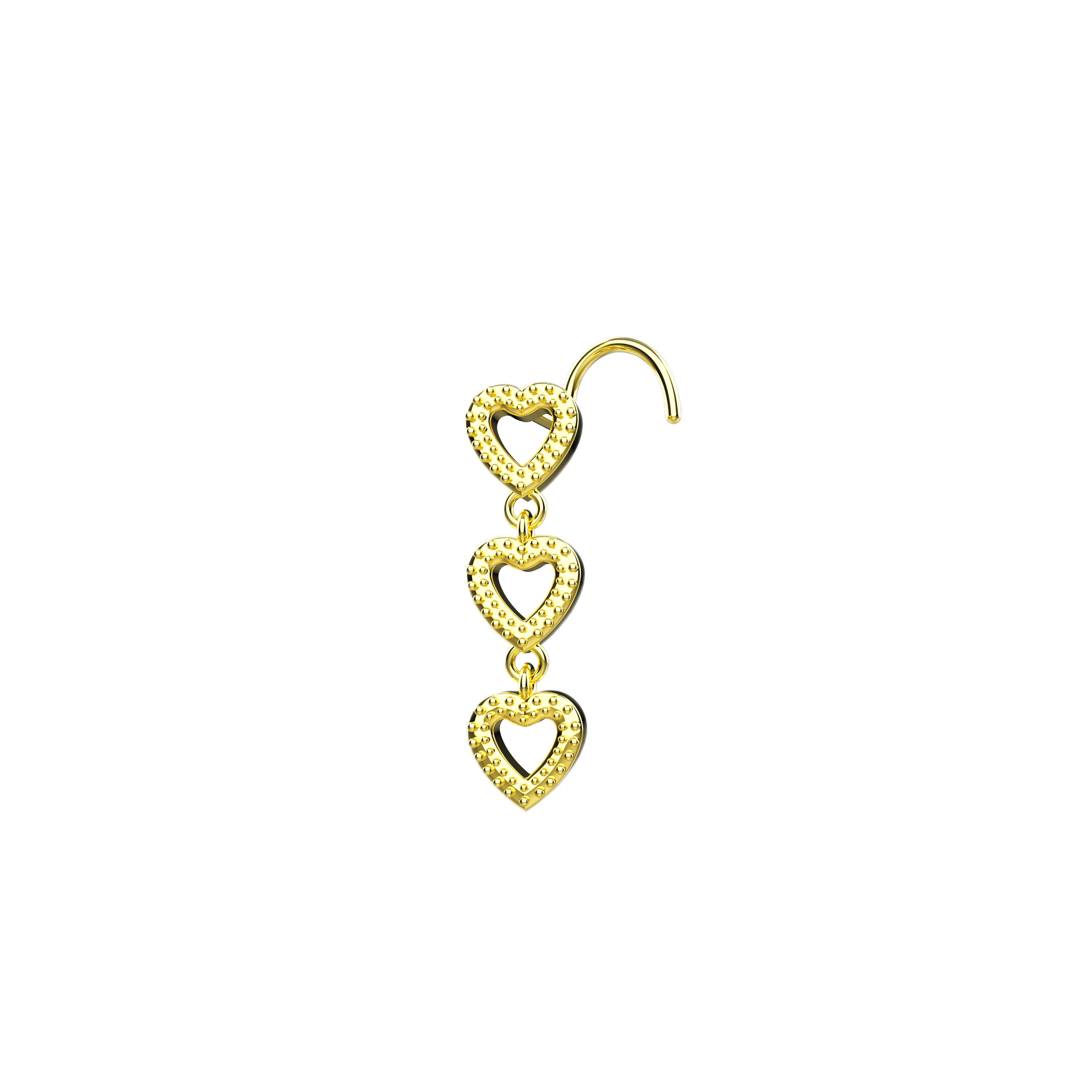 Triple Hearts Dangling Nose Ring – Romantic Gold Nose Stud for Women