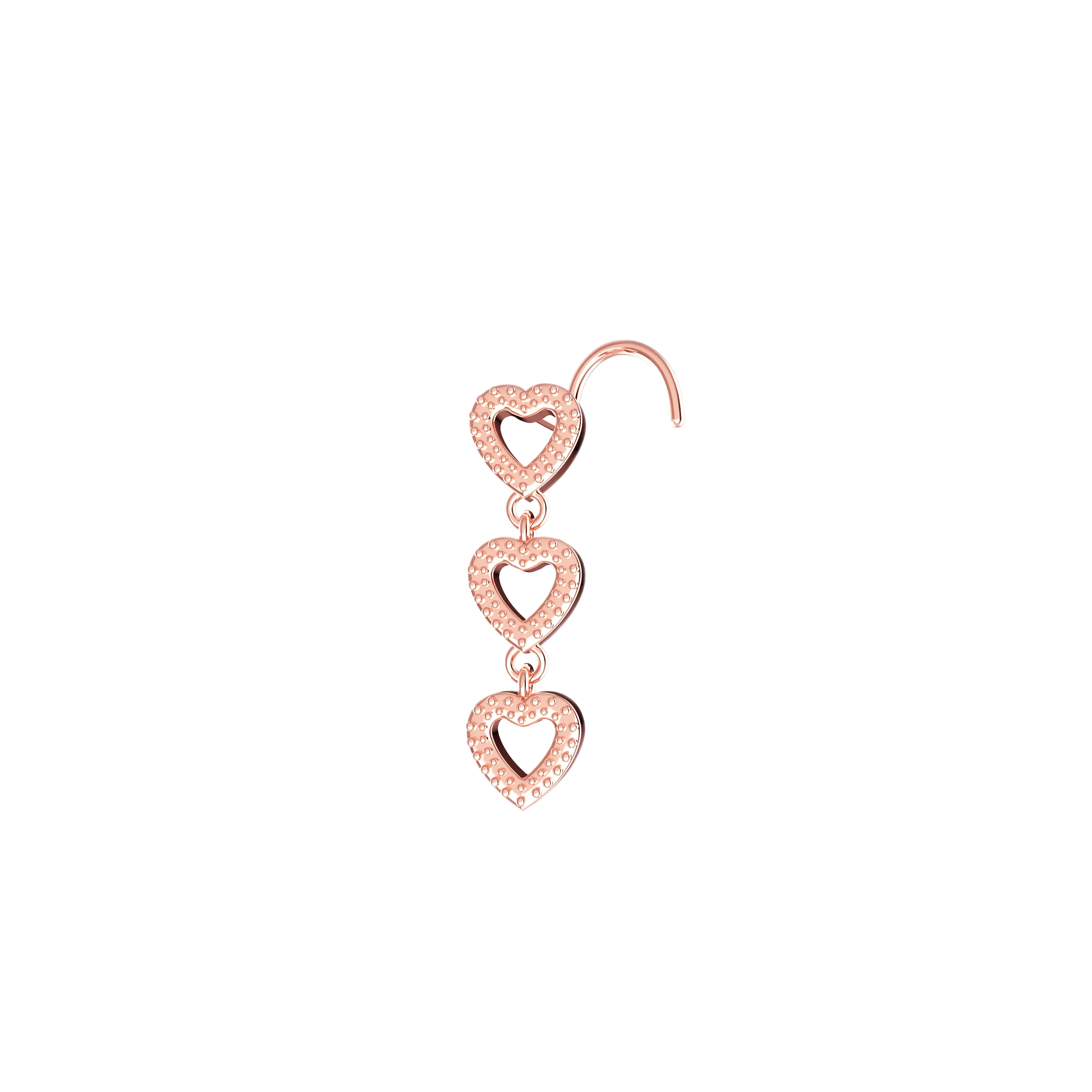 Triple Hearts Dangling Nose Ring – Romantic Gold Nose Stud for Women