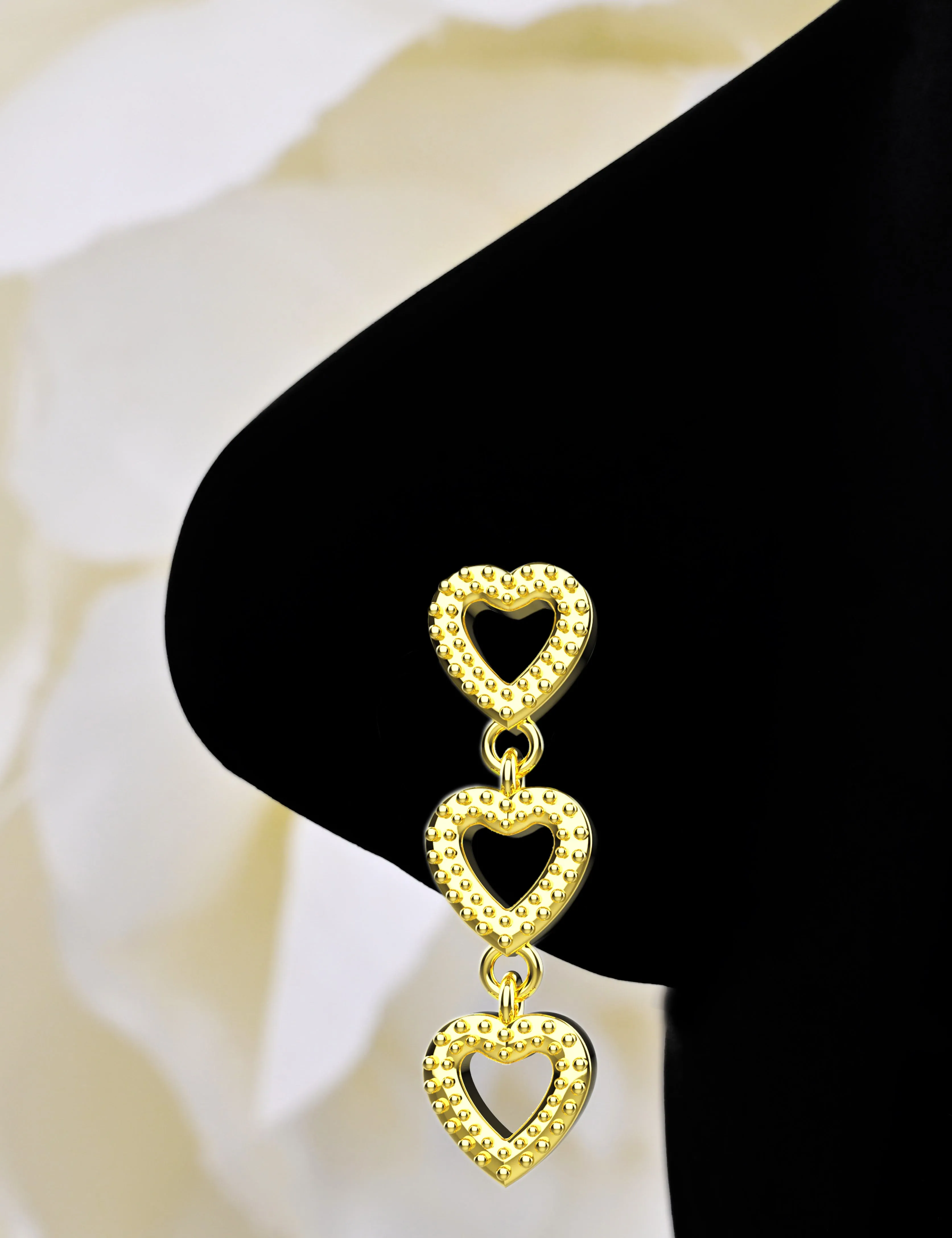 Triple Hearts Dangling Nose Ring – Romantic Gold Nose Stud for Women