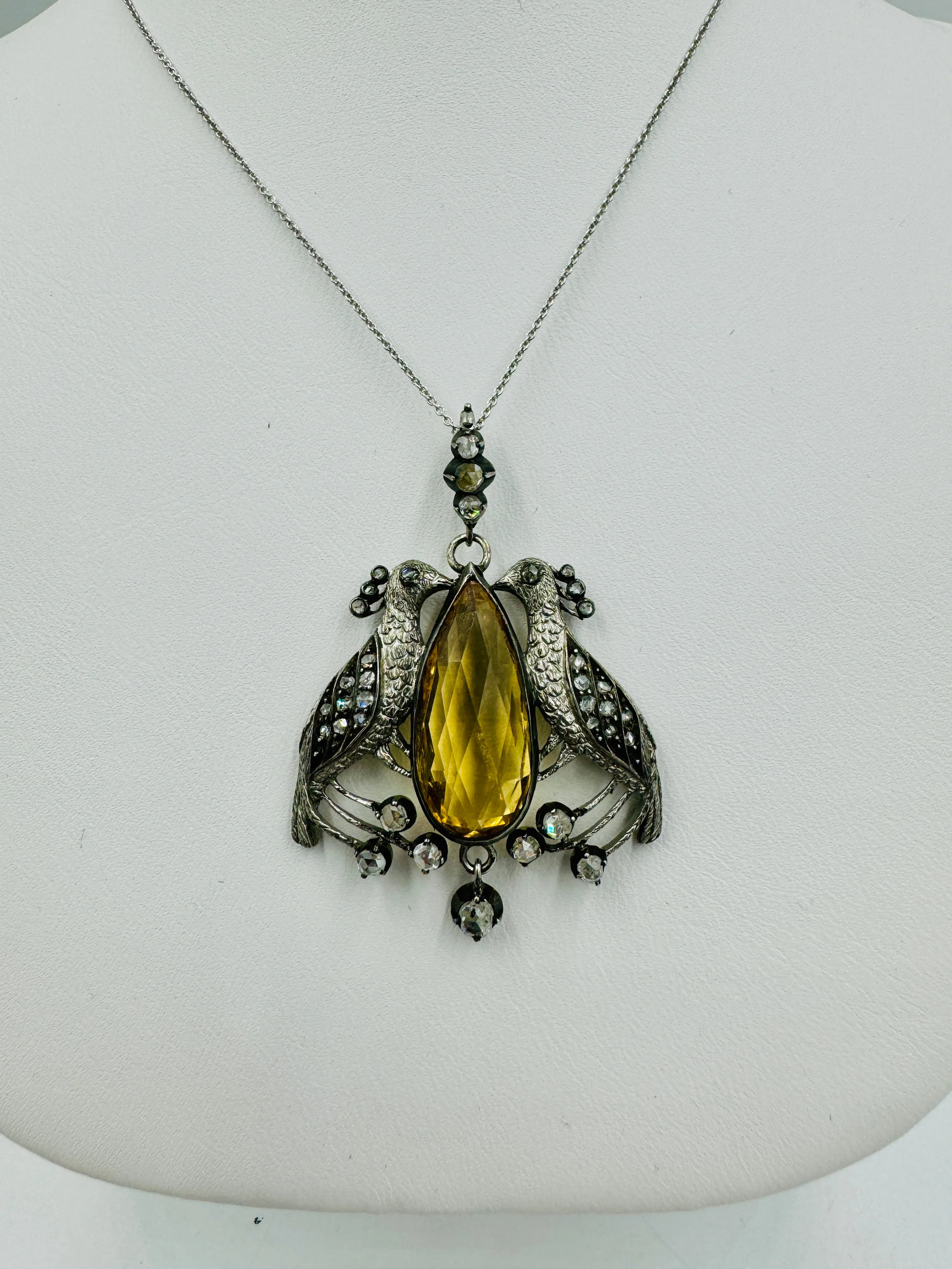 Victorian Peacock Birds Citrine Diamond Pendant Necklace Circa 1890s