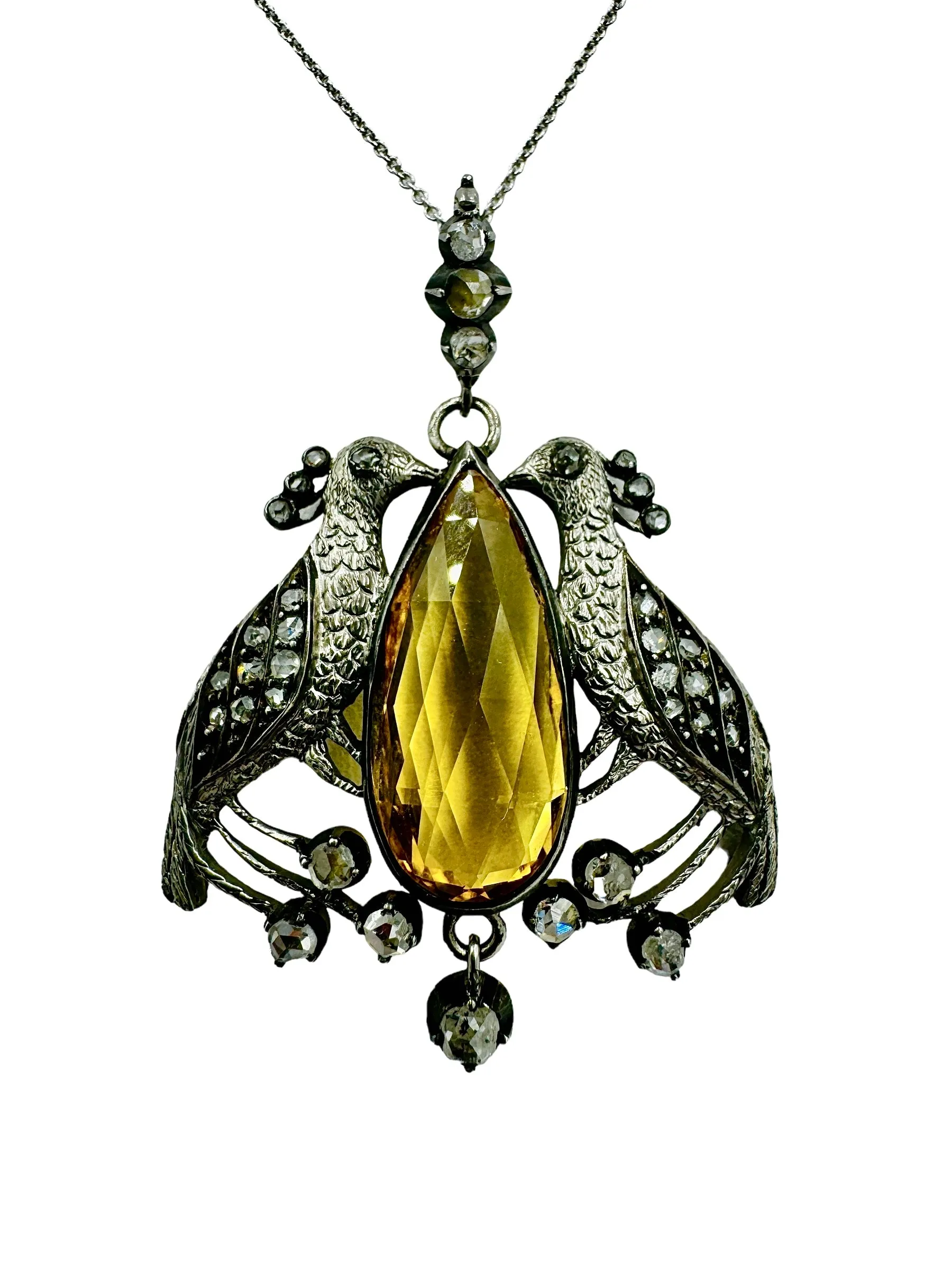 Victorian Peacock Birds Citrine Diamond Pendant Necklace Circa 1890s