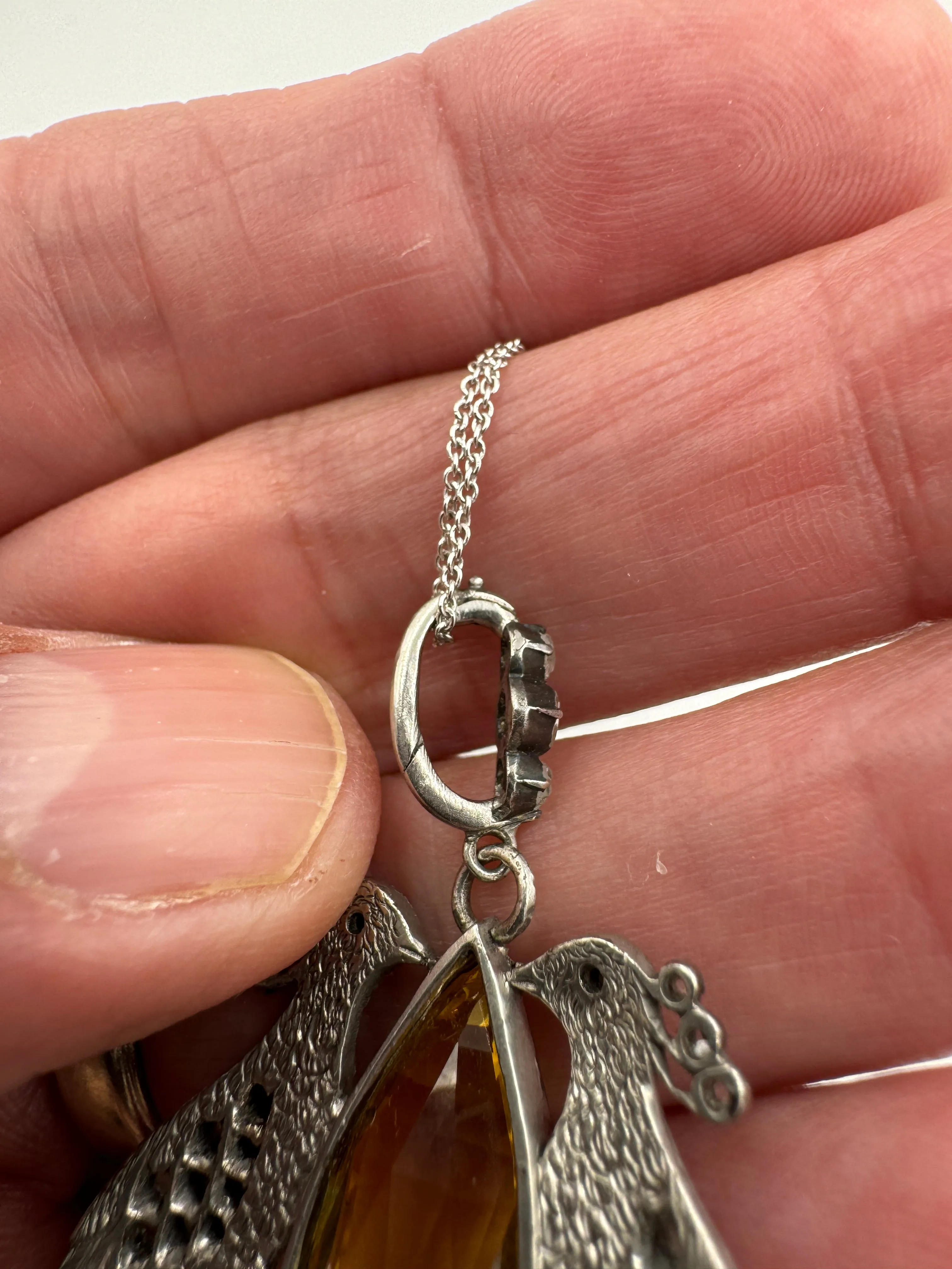Victorian Peacock Birds Citrine Diamond Pendant Necklace Circa 1890s
