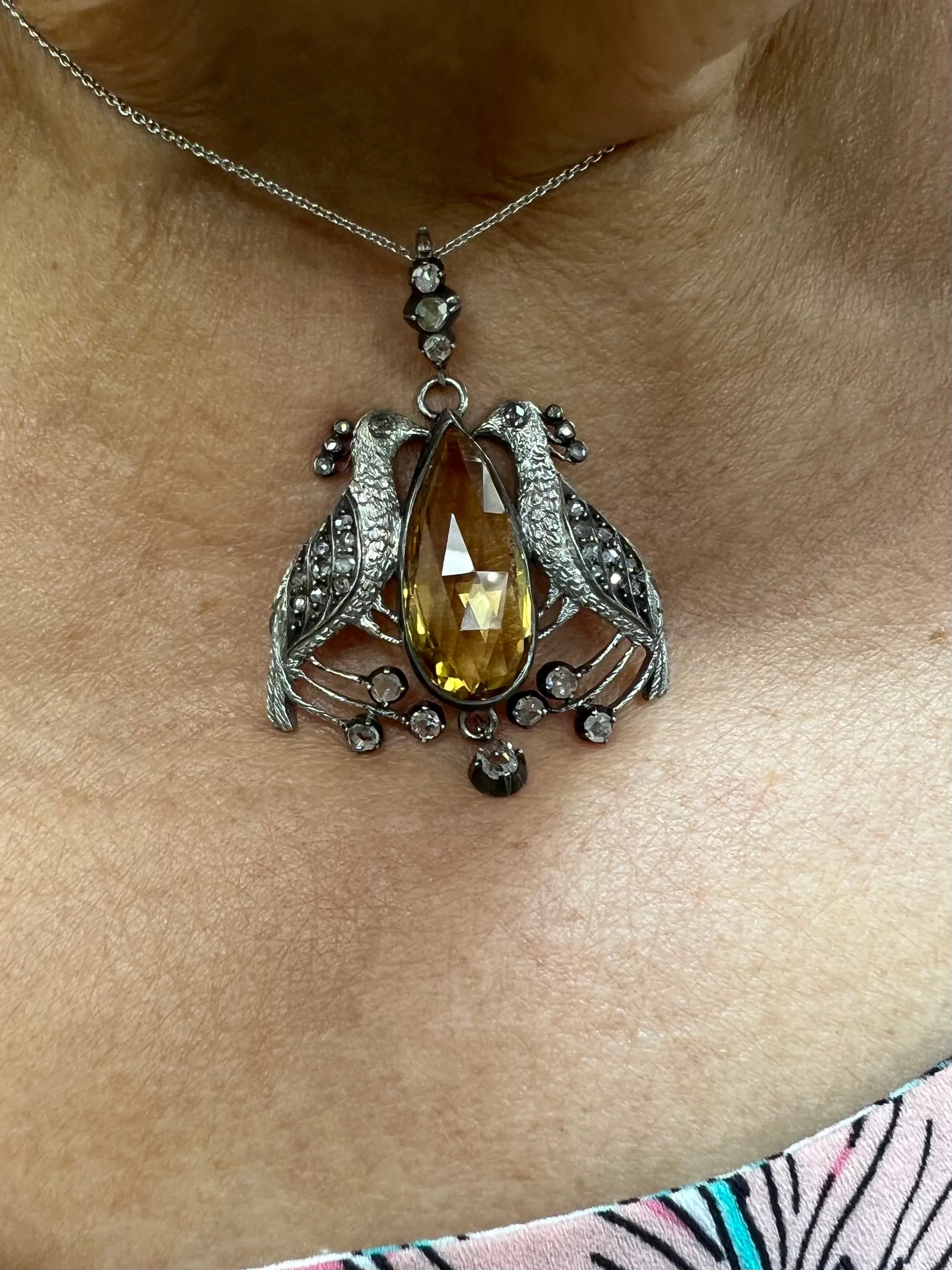 Victorian Peacock Birds Citrine Diamond Pendant Necklace Circa 1890s