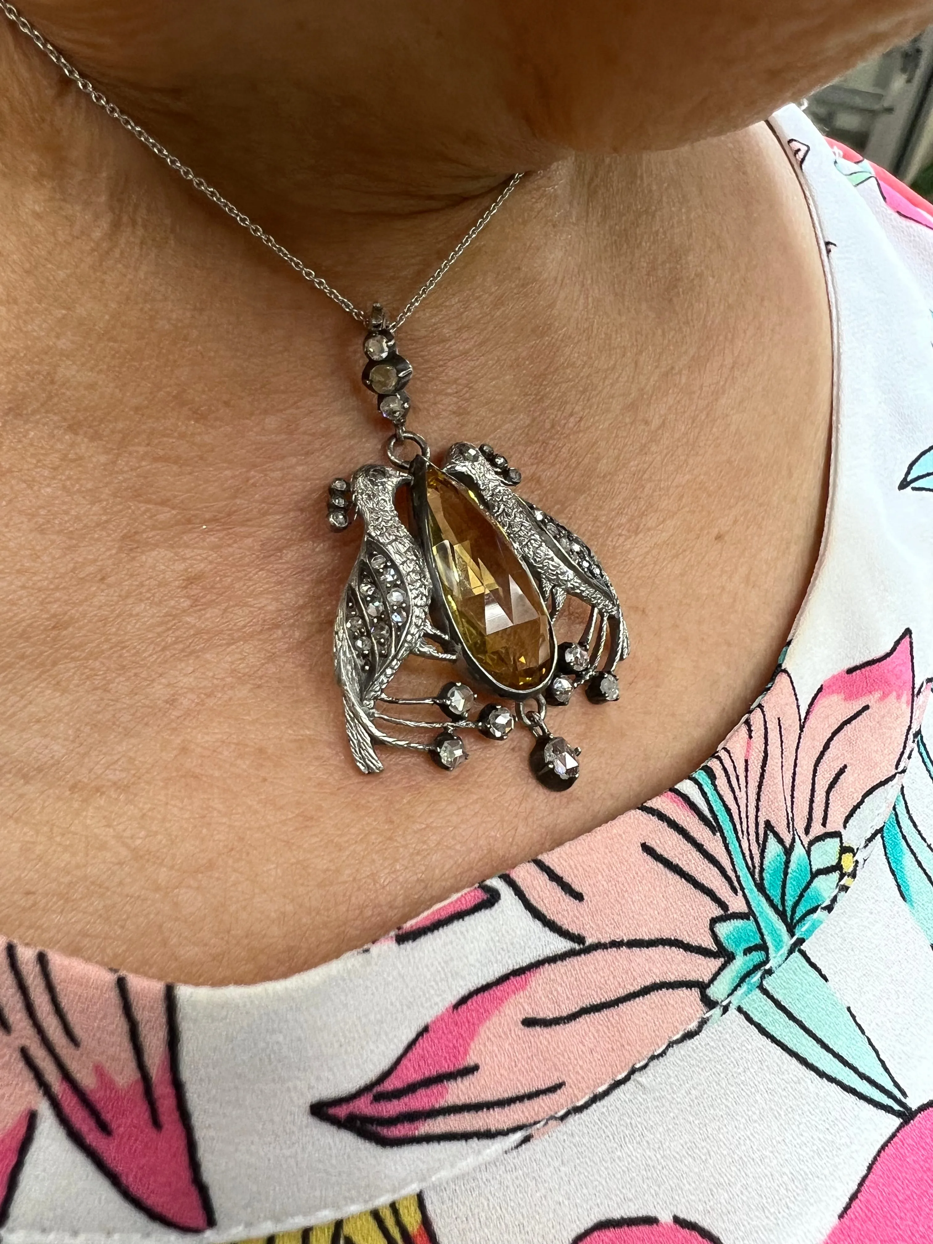 Victorian Peacock Birds Citrine Diamond Pendant Necklace Circa 1890s