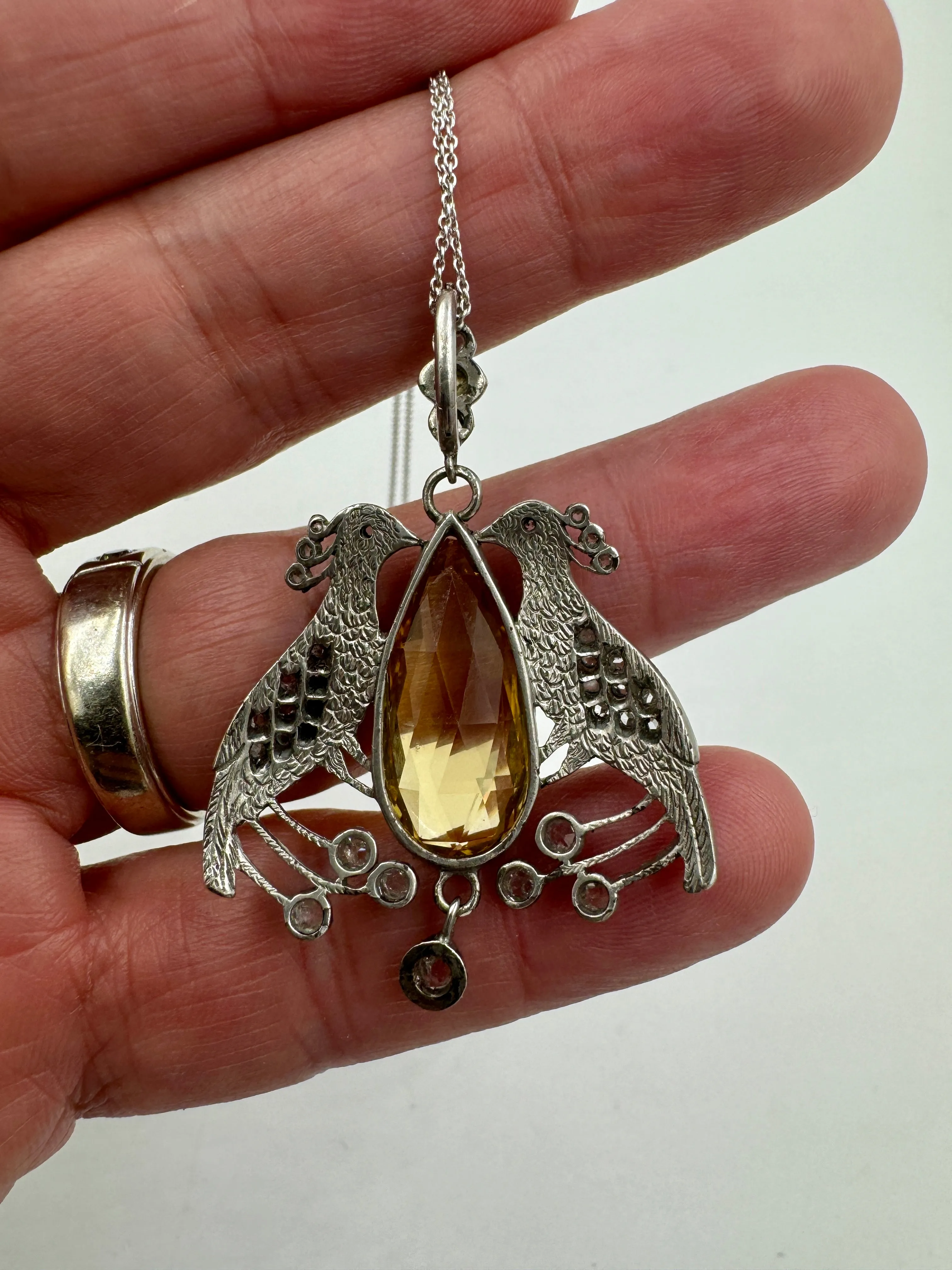 Victorian Peacock Birds Citrine Diamond Pendant Necklace Circa 1890s