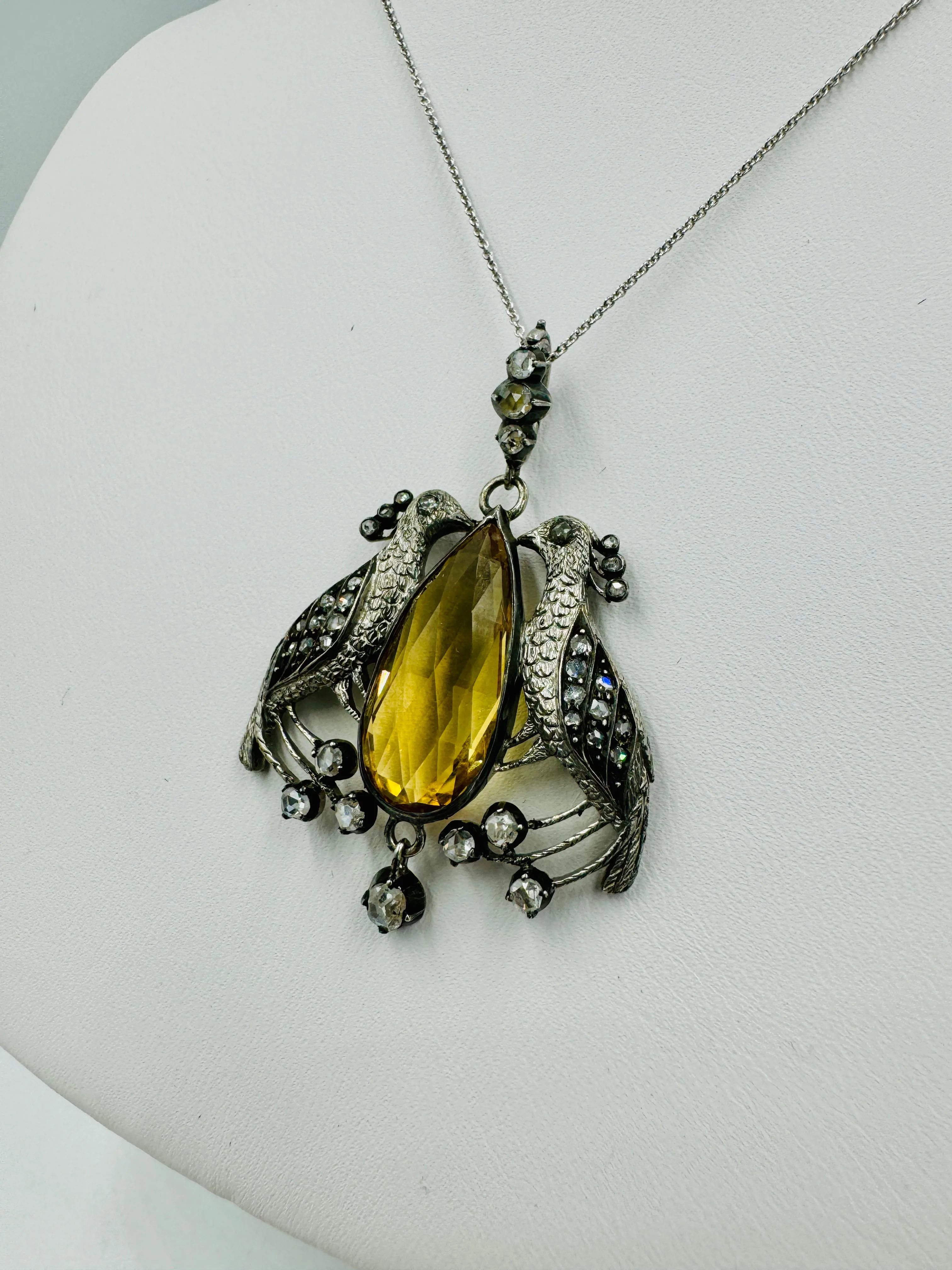 Victorian Peacock Birds Citrine Diamond Pendant Necklace Circa 1890s