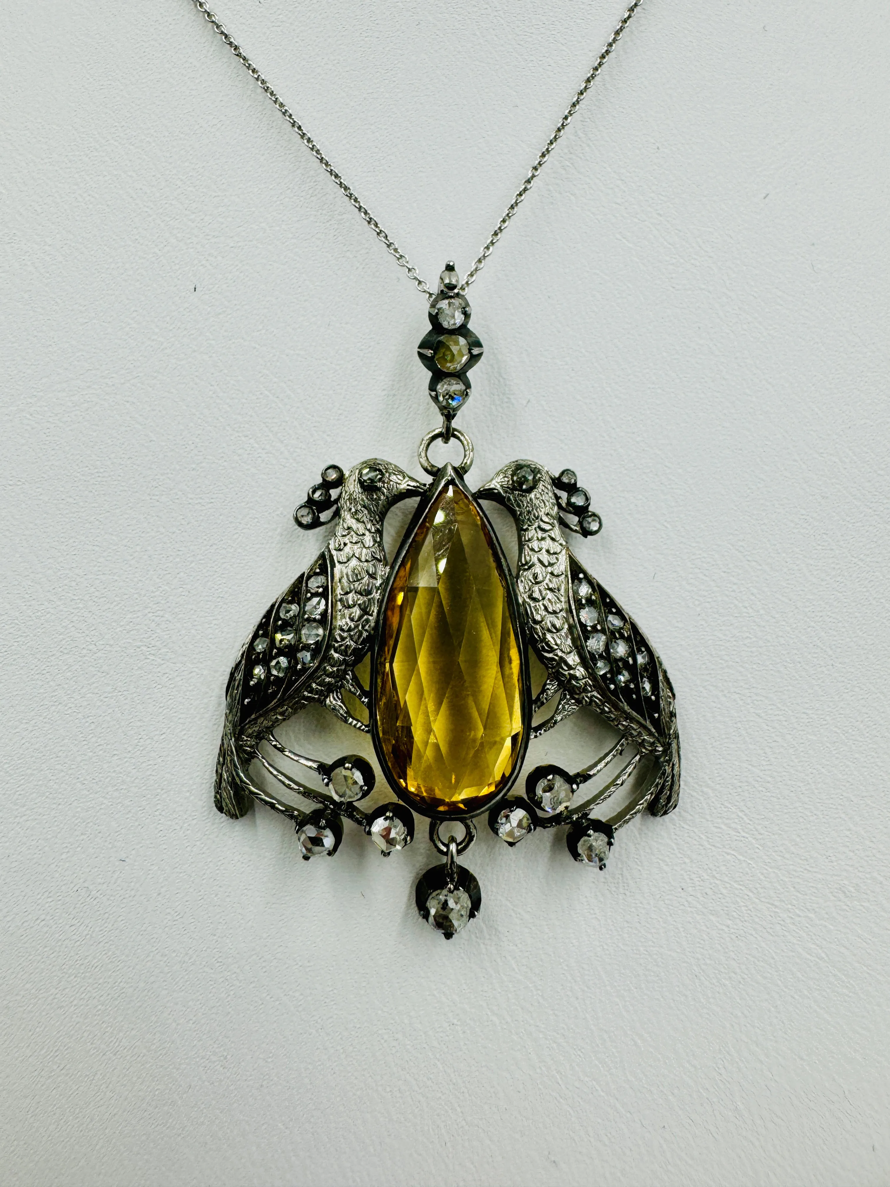 Victorian Peacock Birds Citrine Diamond Pendant Necklace Circa 1890s