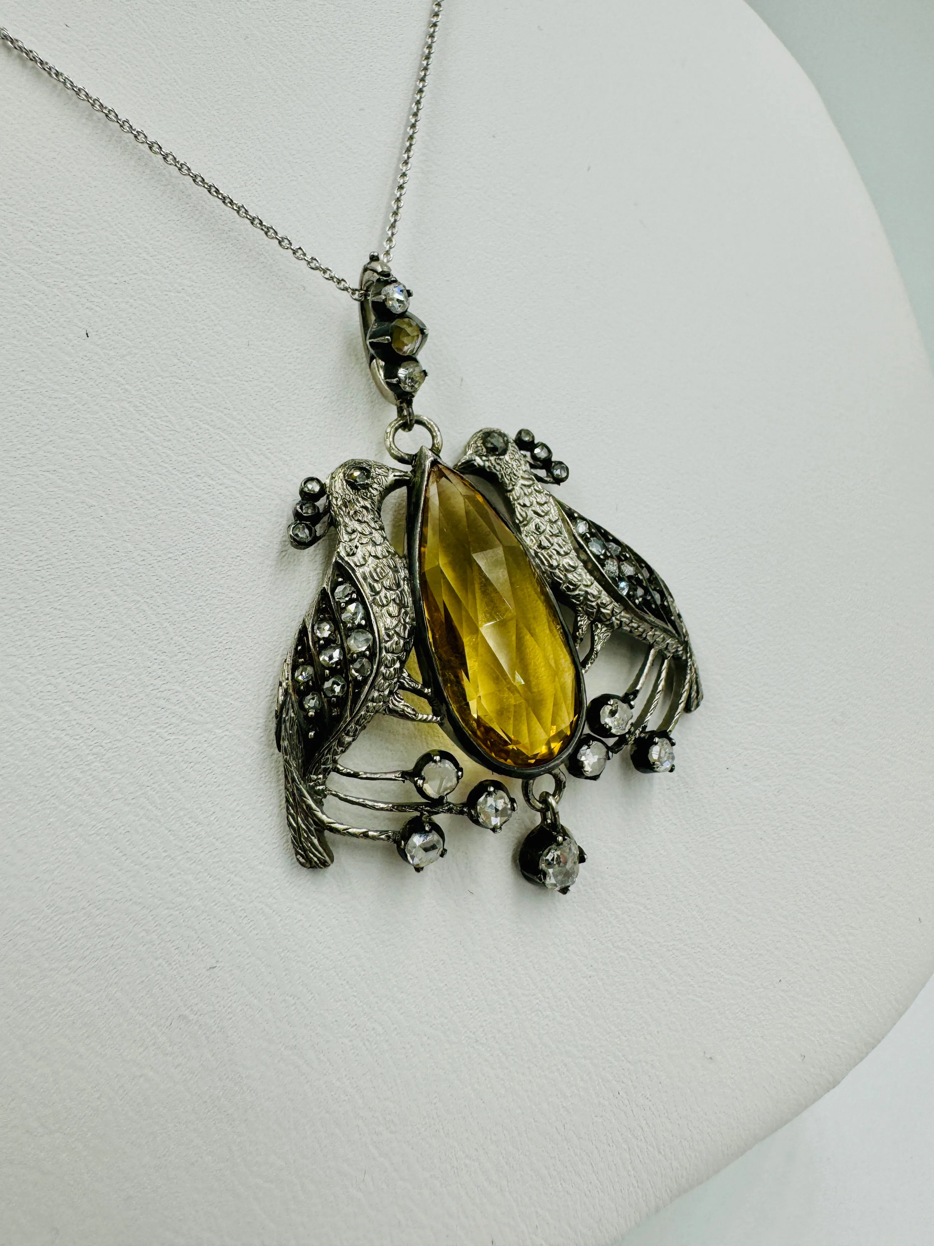 Victorian Peacock Birds Citrine Diamond Pendant Necklace Circa 1890s