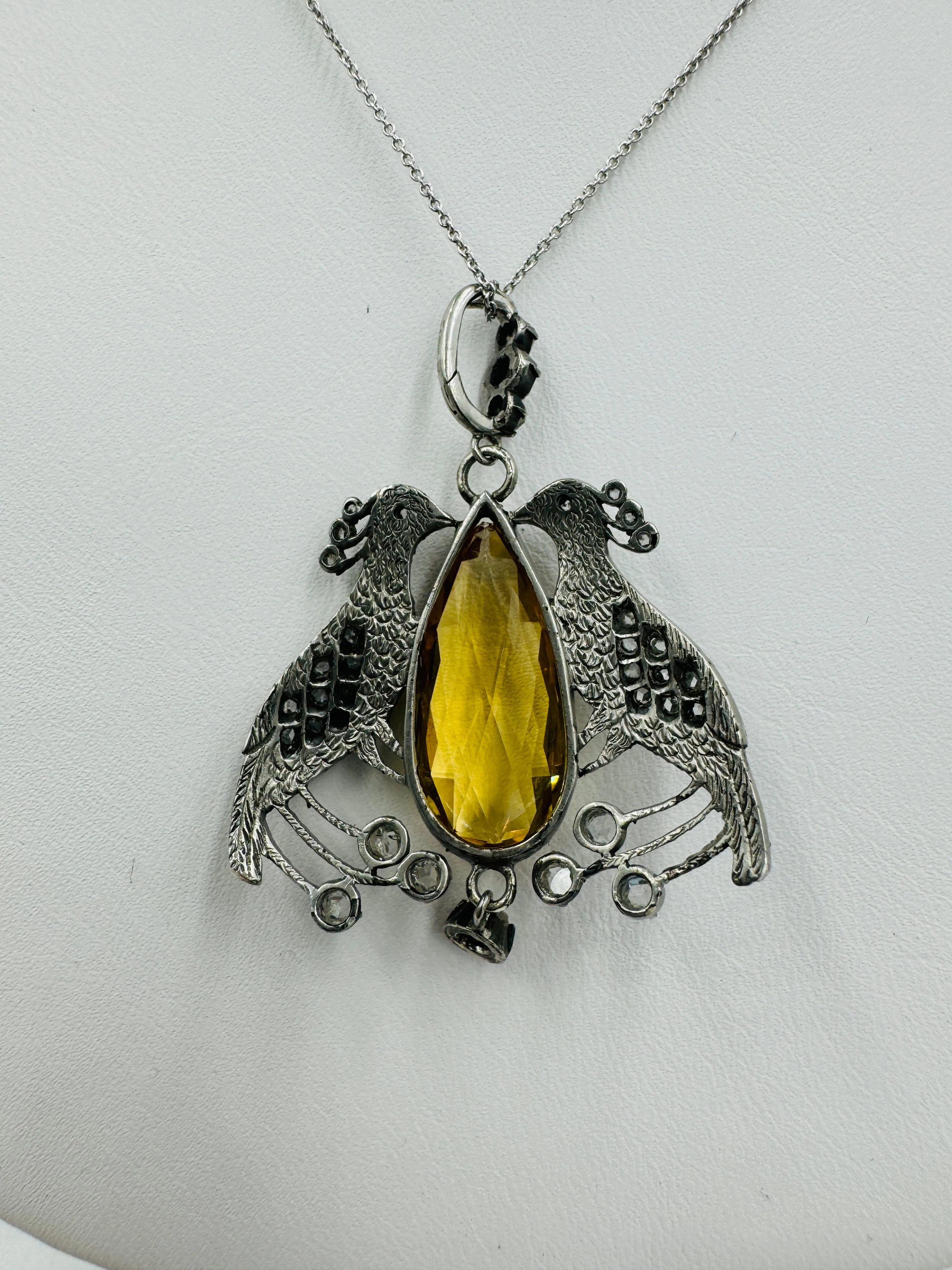 Victorian Peacock Birds Citrine Diamond Pendant Necklace Circa 1890s