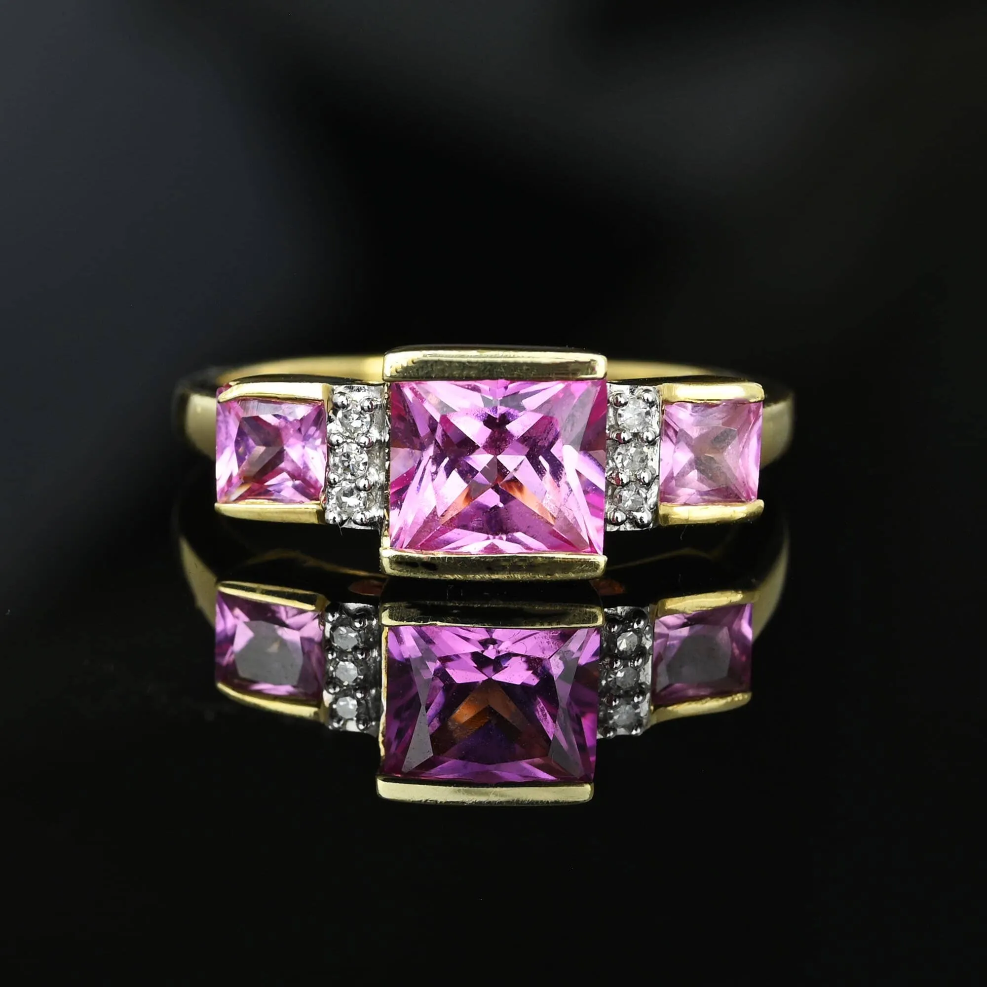 Vintage Diamond Cushion Cut Pink Sapphire Ring in 10K Gold