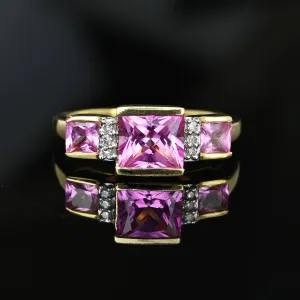 Vintage Diamond Cushion Cut Pink Sapphire Ring in 10K Gold