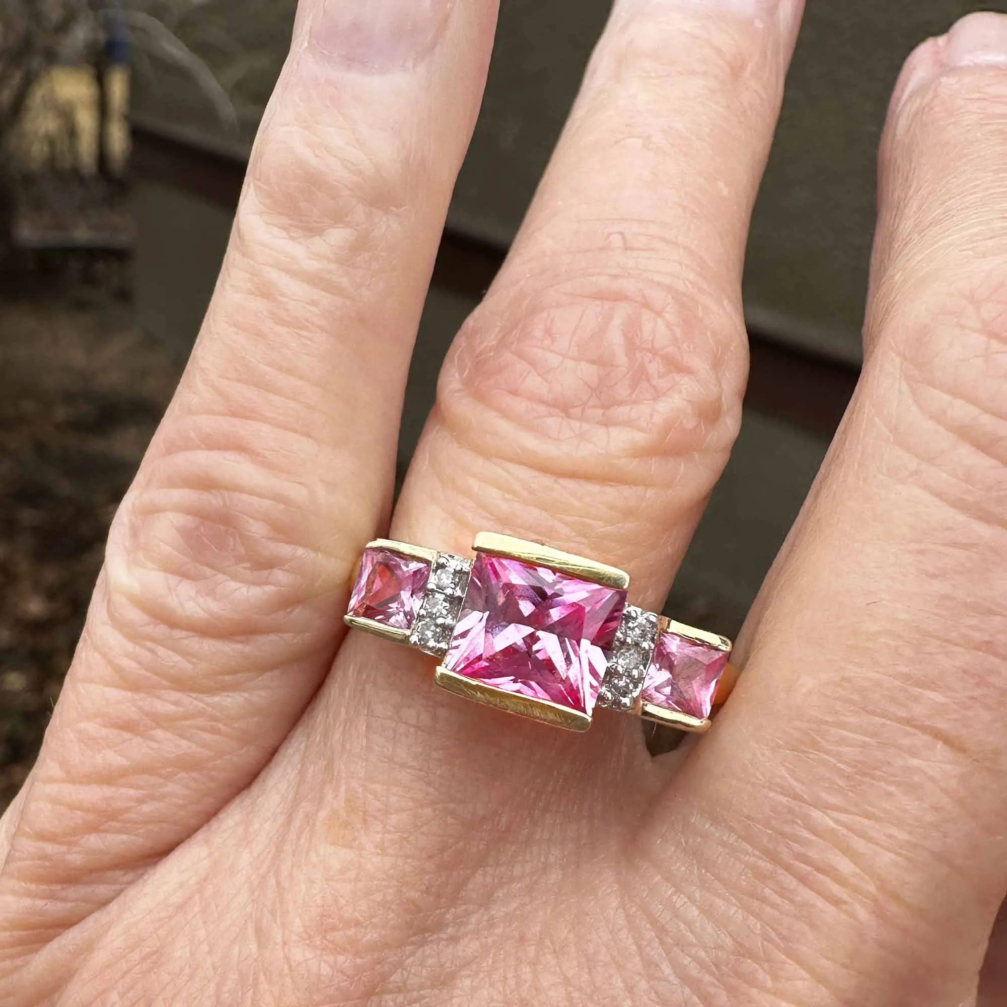 Vintage Diamond Cushion Cut Pink Sapphire Ring in 10K Gold